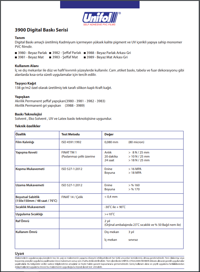 unifol 3900 seri baskı folyosu